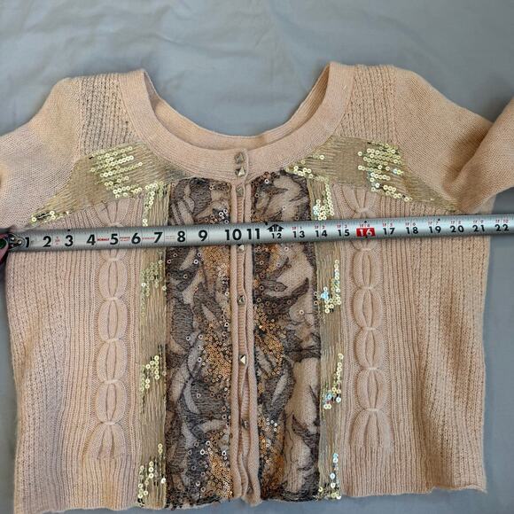 Free People Peach/Pink Sequin Lace front 3/4 Sleeve Cardigan Sweater- M - Picture 9 of 10